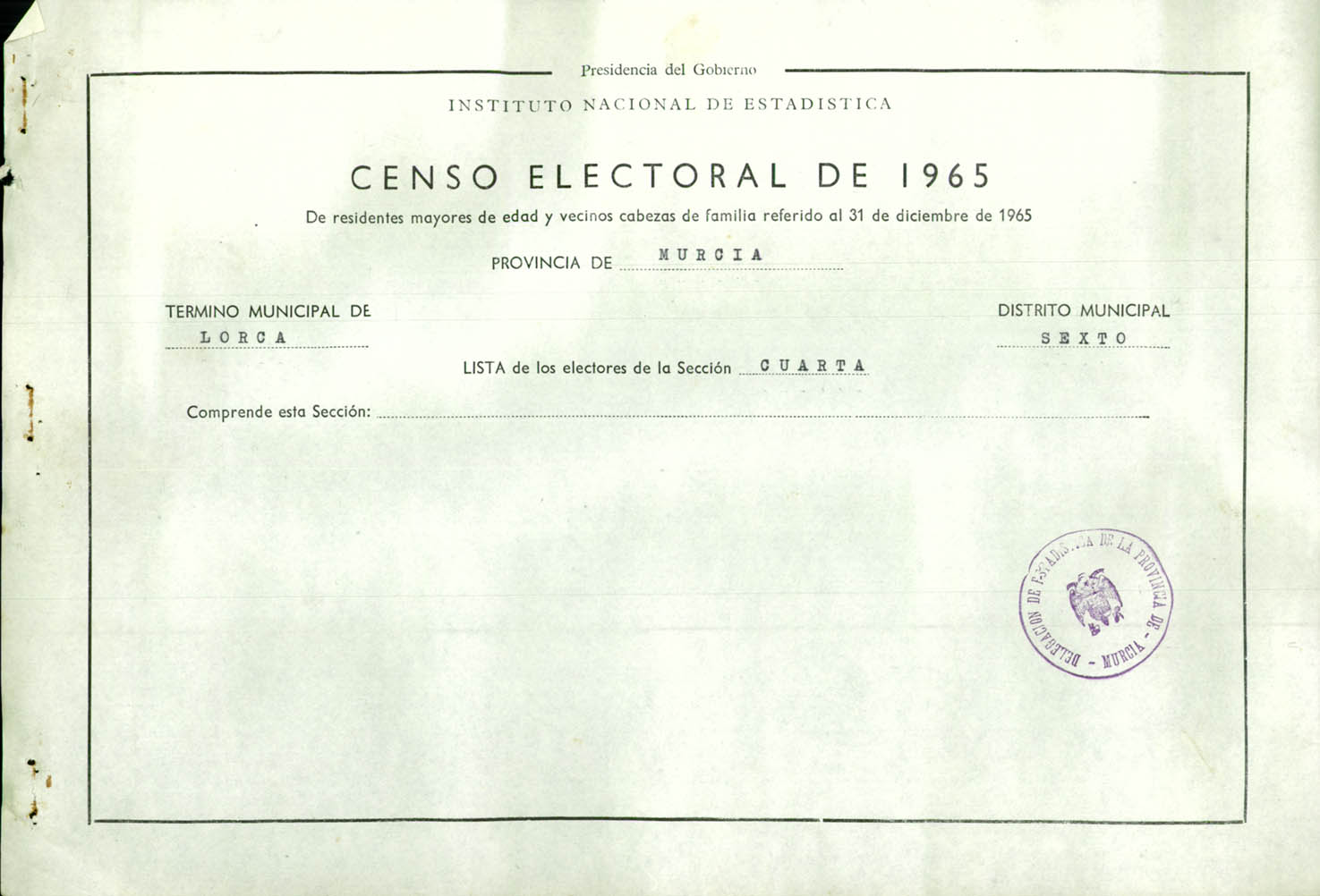 Censo electoral provincial de 1965: listas definitivas de Lorca, Distrito 6º, sección 4ª.